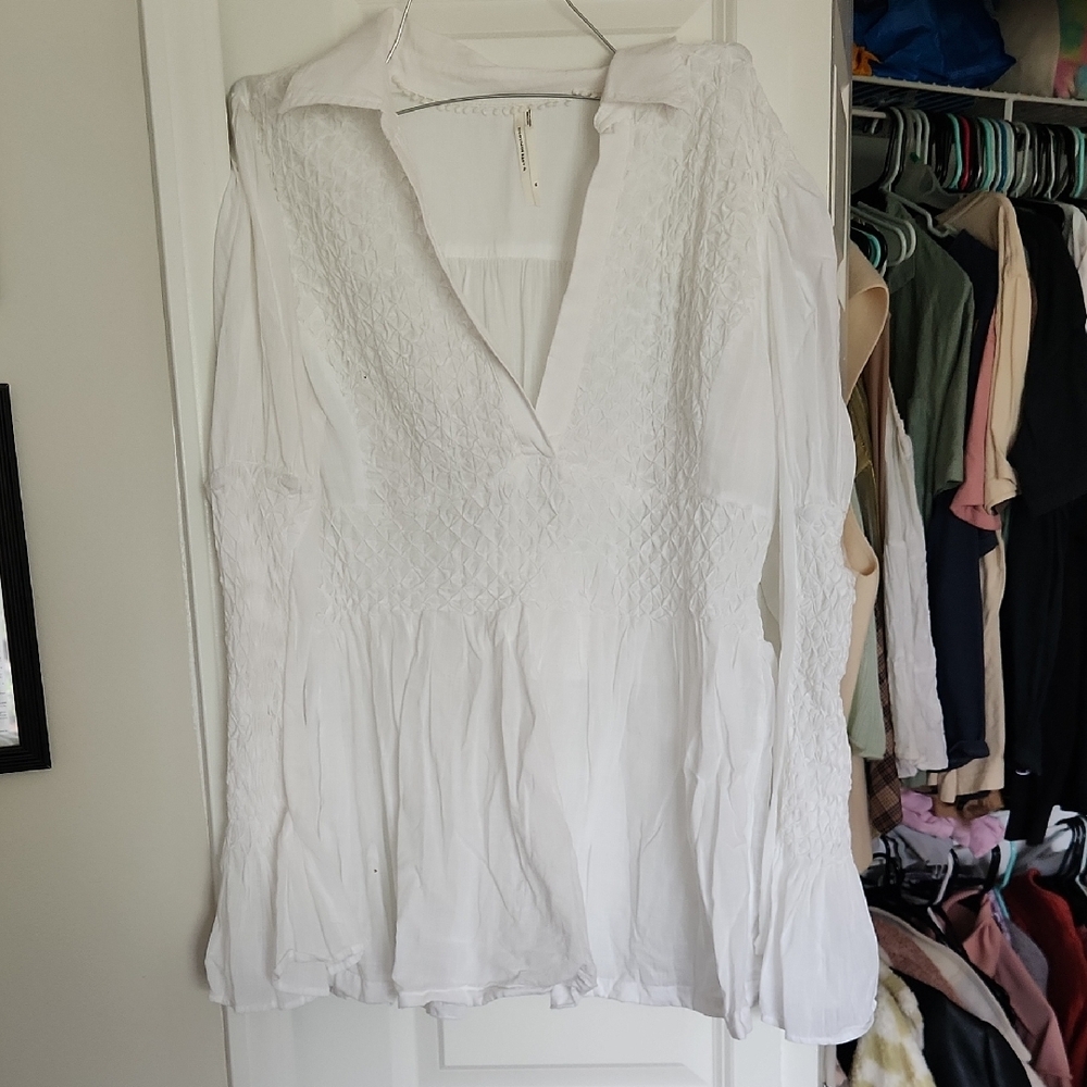 Anthropologie Cream Smocked Polo Blouse
